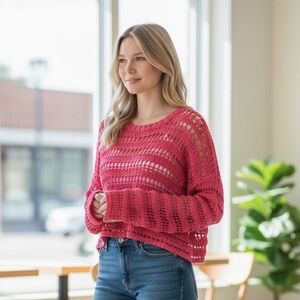 Moon & Madison Red Open Knit Cropped Sweater Size L